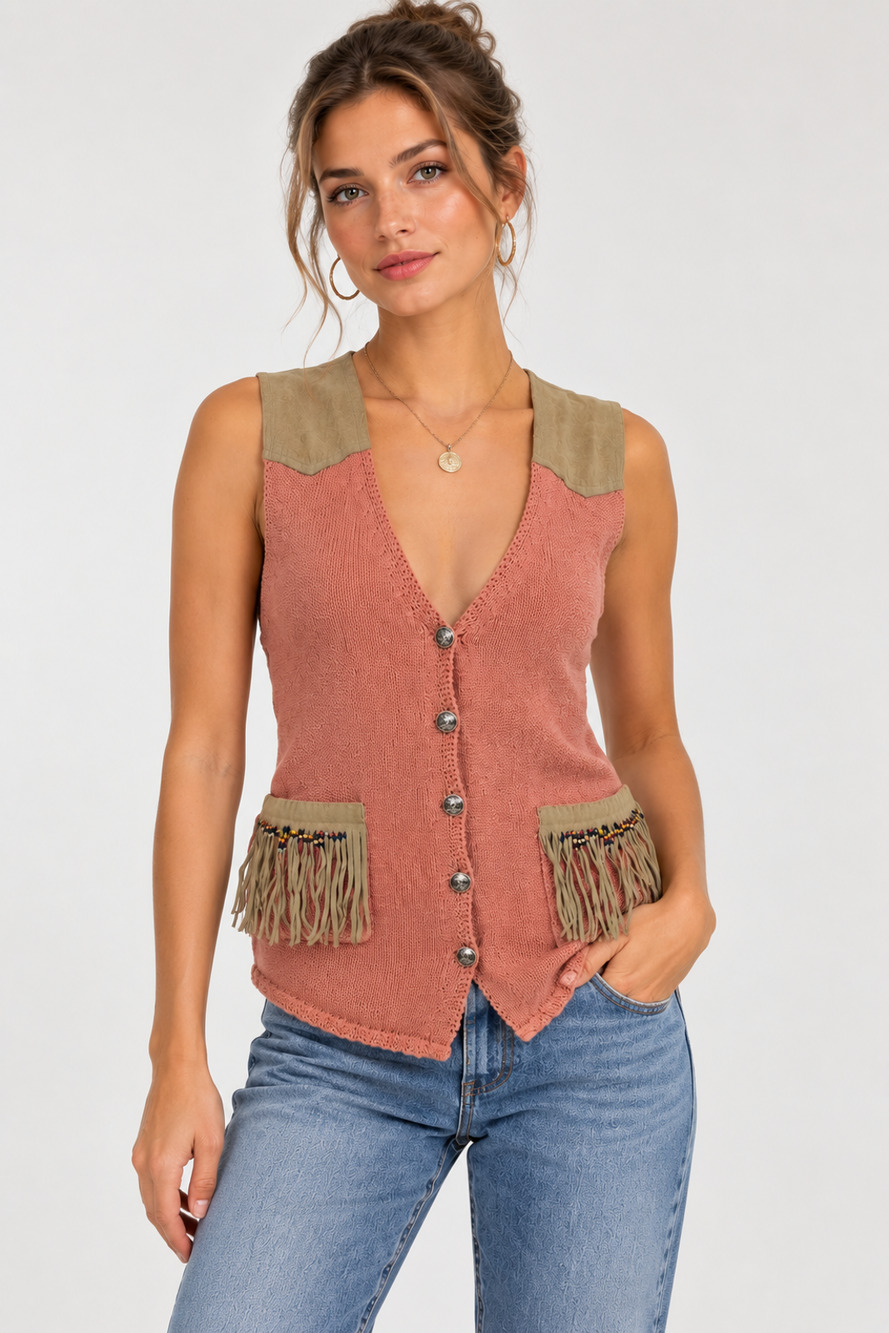 VTG Cambridge Dry Goods Co Size S Pink Knit Tan Suede Fringed Boho Western Vest